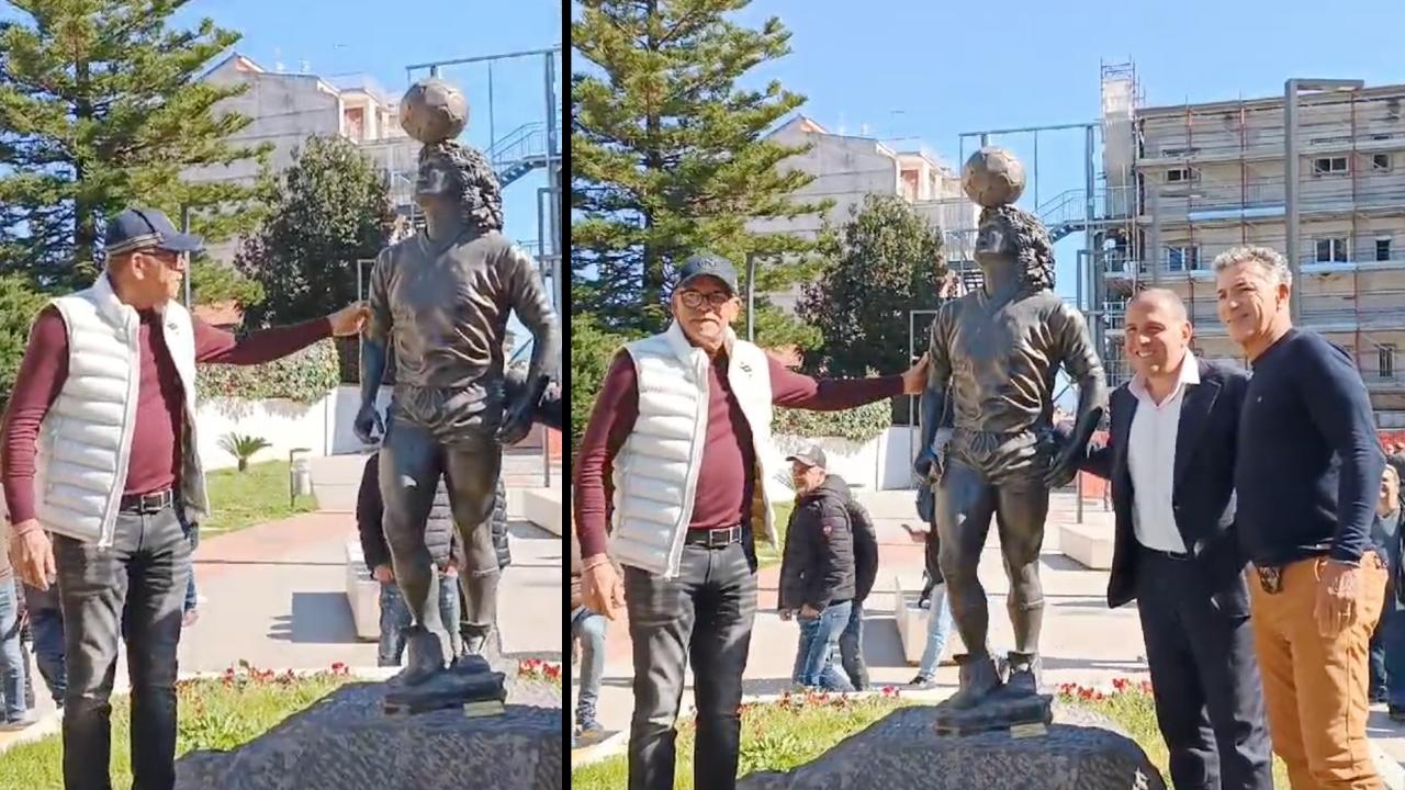 Careca e Alemao alla statua di Maradona a Casalnuovo