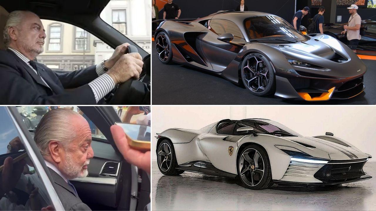 Aurelio De Laurentiis, la McLaren W1 e la Ferrari Daytona SP3 (Foto da archivio)